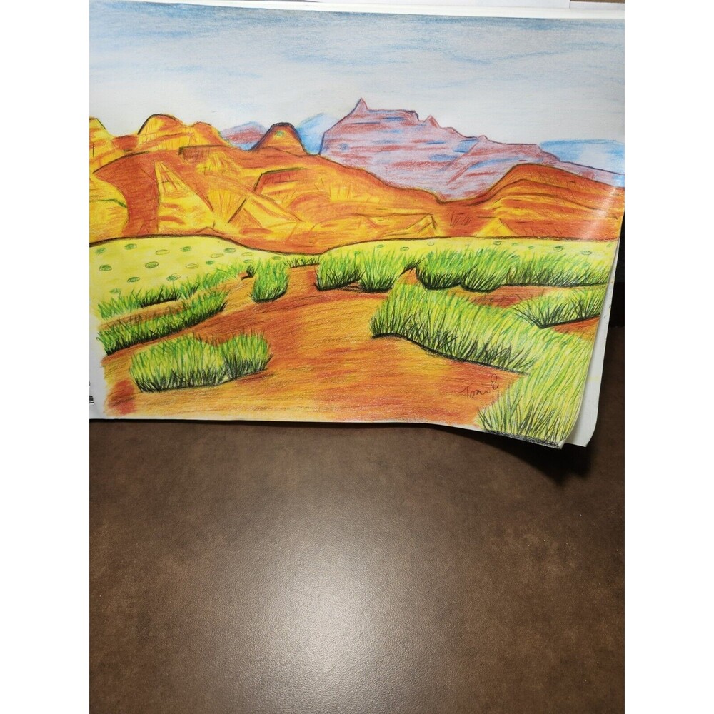 Hand Crafted Dessert Mountain Landscape Colored Pencil Drawing Framed 9x11" - Picture 13 of 16